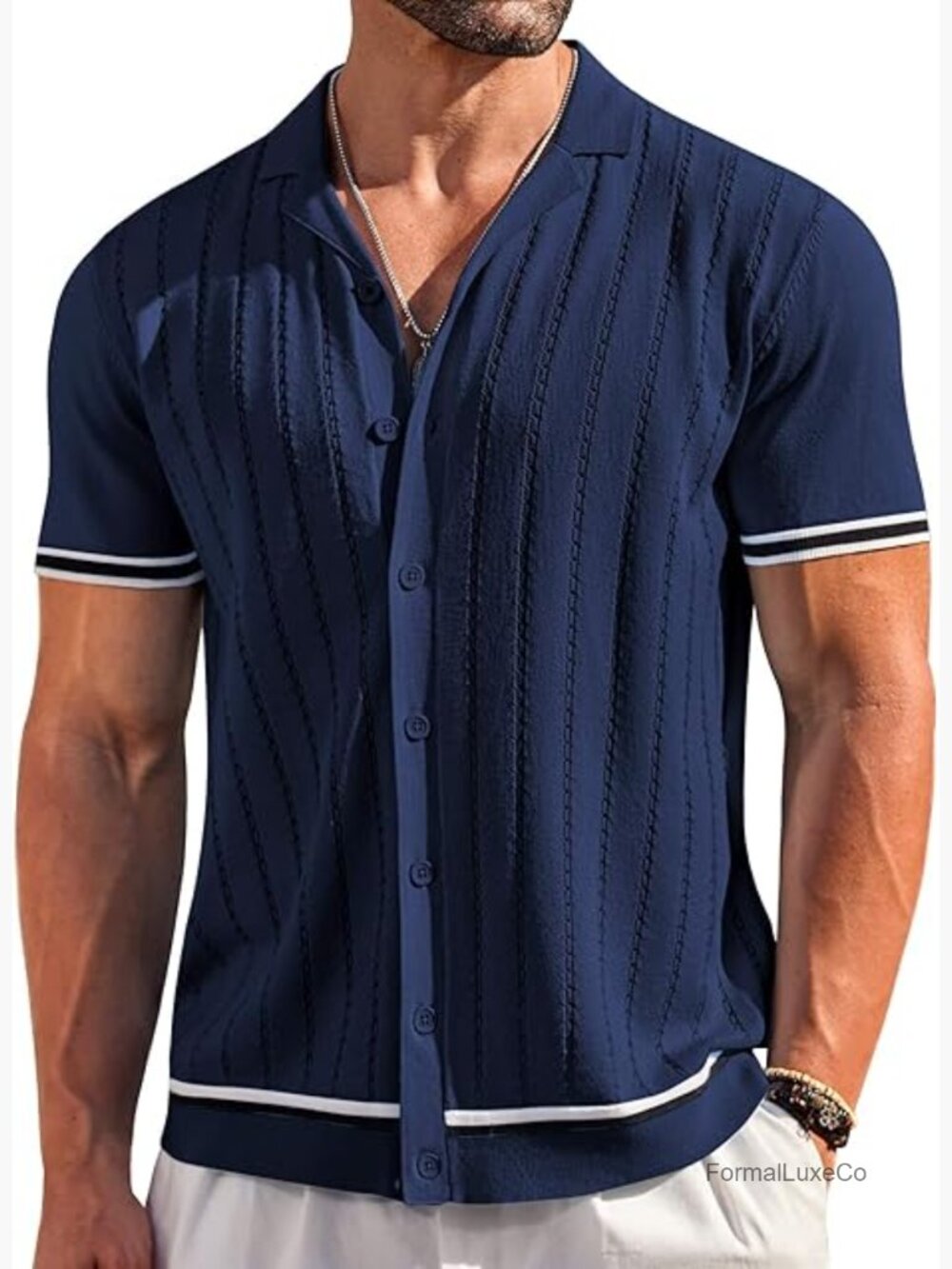 Vintage Striped Knit Button Down Shirt Short Sleeve Casual Golf Beach Top